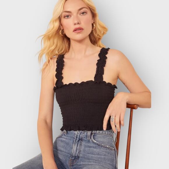 Reformation Leonore Square Neck Crop Top XS Black Smocked Ruffle Y2K Festival - Picture 1 of 9
